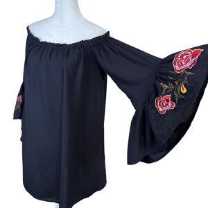 Feathers Black Top Witchy Gypsy Bell Sleeve Whimsigoth Grunge Off Shoulder Sz M